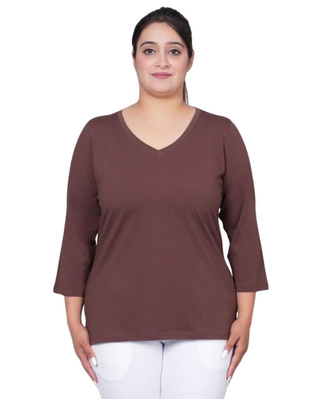 Image of Mlada V-Neck Cotton 3 /4th Sleeves Tshirt for Women | Stretchable Regualr Fit Solid Cotton Tshirts | Casual 3 /4th Sleeves Tshirts for Women Office Wear | Solid Round Neck Tshirt