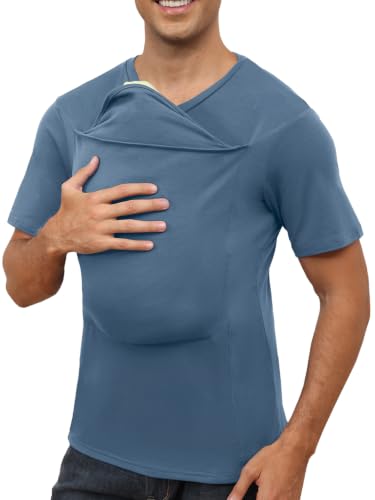 ThusFar Mens Baby Carrier Shirt Dad Shirt for Men Short Sleeve Baby Wearing T-Shirt V Neck Pocket Tee Shirts Blue Plus Size