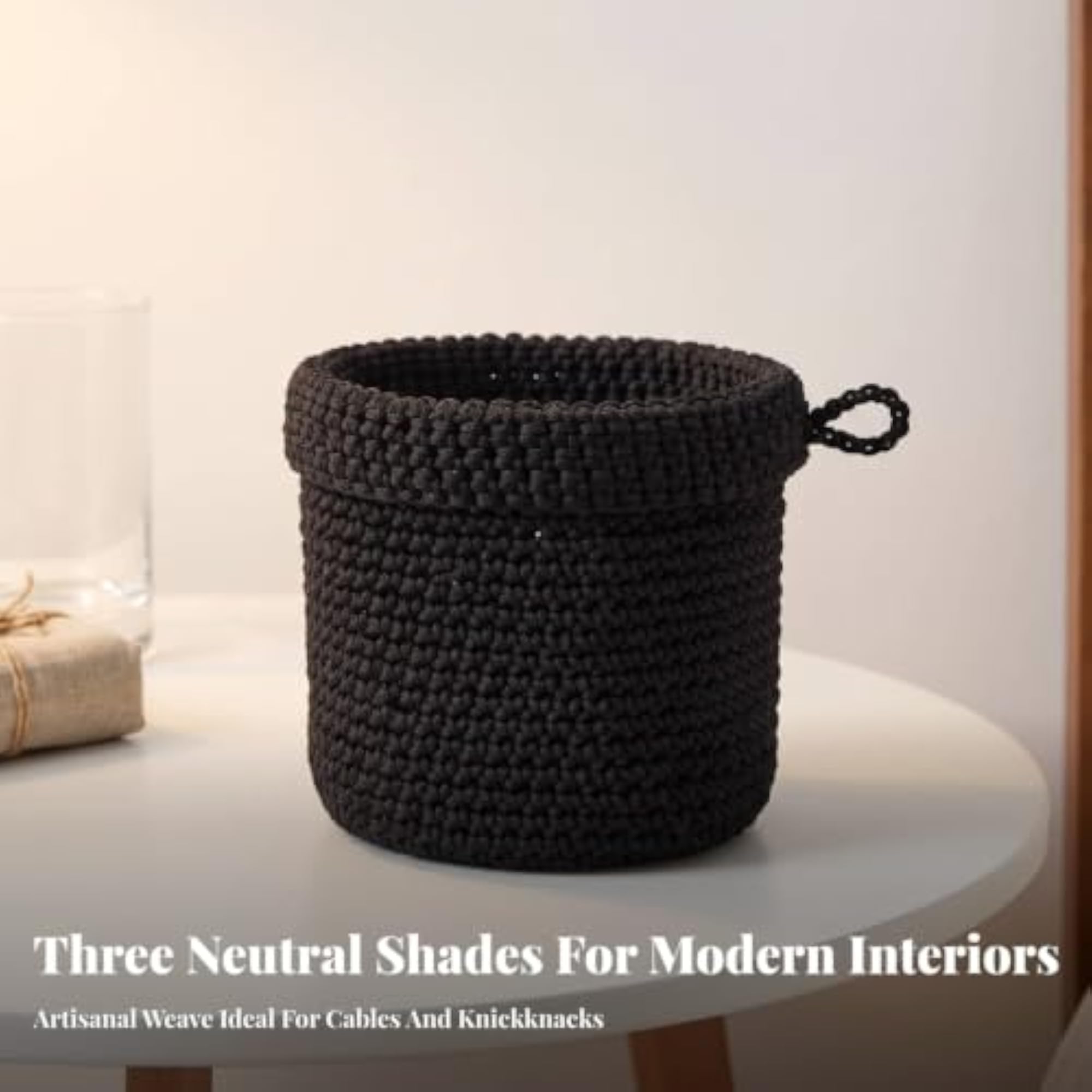 Boho Crochet Basket with Hanging Loop, Decorative Organizer, Gray, 13x14cm