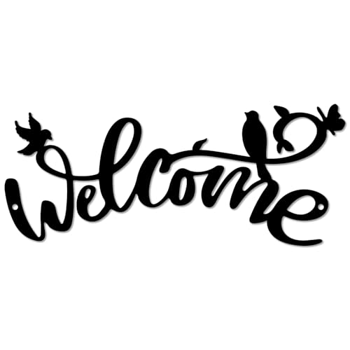 CREATCABIN Panneau Mural Métal«Bienvenue»Fer Noir Décoration Murale Silhouette D'Oiseau Papillon Ornement à Suspendre Sculpture d'art Décorative pour Intérieur Extérieur Maison Salon Jardin 30x12.5cm