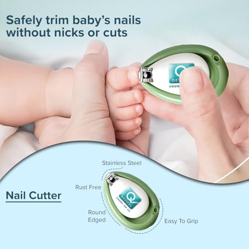 Image of Q DEVICES 5-in-1 Baby Grooming Kit - Safe & Gentle Newborn Nail Clipper, Scissors, Tweezer, Filer & Earwax Remover - Compact Travel-Friendly Health Care Set for Infants & Toddlers - Green