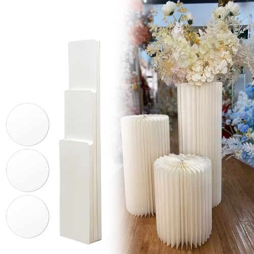 3 Jarrones de Columna de Flores de cartón para Boda,Soporte cilíndrico de exposición,Columna Decorativa de Papel Plegable,Exhibidor de centros de Mesa Color Crema,Jarrón de cartón,40cm,60cm,80cm