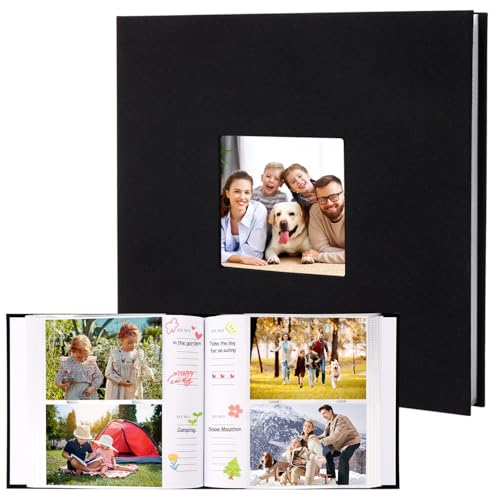 OWill Album Photo en Lin 10x15 cm avec 100 Pochettes pour 200 Photos, Classeur avec Espace Auto-conçu pour Mariage, Bébé, Voyage - Noir 22x22 cm