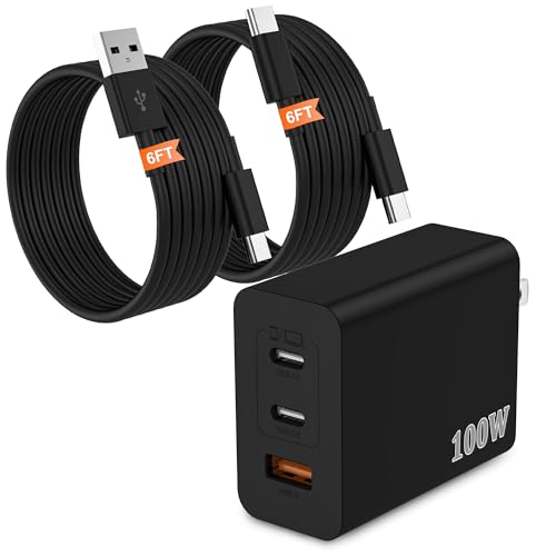 100W USB C Charger for Samsung S26 S25 Ultra 3-Port GaN Fast Wall Charger with 2 Cables (C-C & A-C) Travel Essentials PD Adapter for MacBook Pro for iPhone 17 16 15/iPad Laptop - Black
