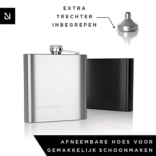 LARS NYSØM Roestvrijstalen heupfles met trechter en afneembaar kunstleren etui 175ml - Image 6