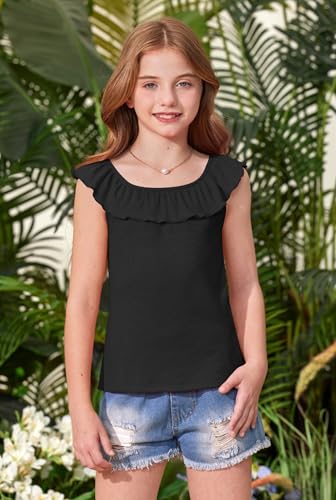 BesserBay Girls Summer Ruffle Trim Square Neck Knit Ribbed Tank Top Cute Strechy Sleeveless Trendy Tee Shirt 5-14 Years2