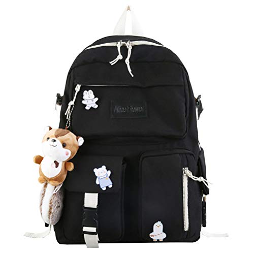 School Backpack for Girls Women Children Kids Backpack School Bag Bookbag with plush toy for Teen Girl Pass CPSC Certified (Black)