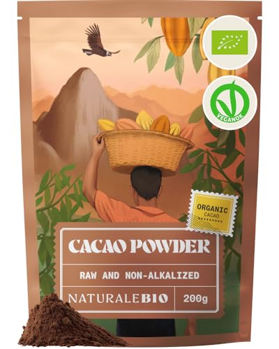 NaturaleBio Organic Cacao Powder 200g. Unsweetened Natural and Pure. Produced from Raw Cacao Beans of The Theobroma Plant. Source of Magnesium Manganese and Phosphorus. Tested for Heavy Metals