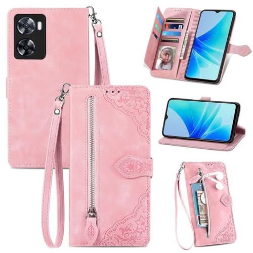 Genérico compatible con OPPO A77 5G Color: (rosa) Patrón de cremallera de cuero cartera Flip Back case retro