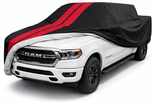 Image of SR1 Performance USA Ultraguard Truck Cover for 2002-2026 Ram 1500 Crew Cab 5.5ft Bed - Custom Fit, 300D Water Resistant, UV Protection, Soft Lined Indoor /Outdoor Pickup Cover (Black with Red Stripes)