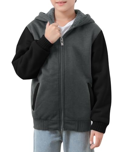 Image of ZITY Boys Zip Up Hoodie Fleece Jacket Kids Sherpa Lined Sweatshirts Outerwear Unisex Warm Winter Coat 6-15 Years Old