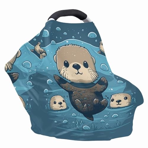 Image of ZFRXIGN Otter Baby Car Seat Cover Animal Canopy Nursing Cover Ups Infant Carseat Cover Canopy Stretchy All Weather Protections Blue Cute Sea Ocean Animal