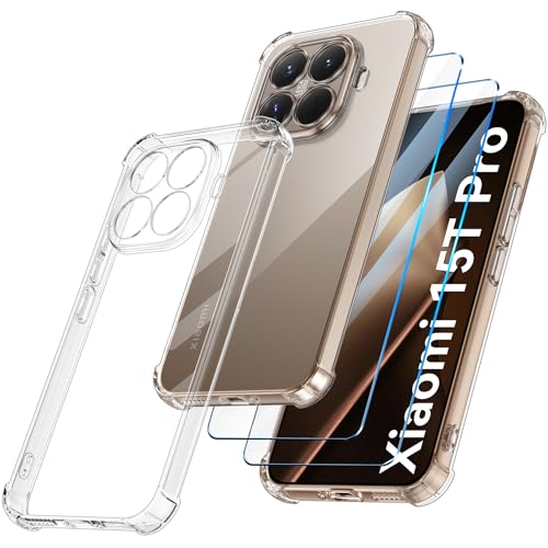 FLLAO 3 en 1 Funda Compatible con Xiaomi 15T Pro 5G con 2 Protector Pantalla, [Almohadilla de Aire integrada] Antigolpes Antiarañazos TPU Suave Carcasa Transparencia