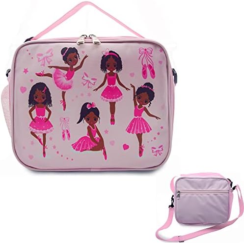 Insulated Kids Girls Lunch Box Bag with Shoulder Strap, Ballet Dancer Lunch Bag Kids with Cup Bottle Holder and Side Pocket, Toddler Teen Black Girls Lunch Bag Pink for School Picnic Travel