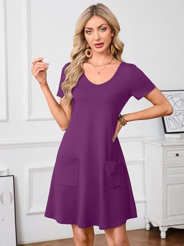 Image of Heymoments Summer Dresses for Women Short Sleeve V Neck Swing Sundress Casual A-Line Flowy Dress with Pockets S-2XL