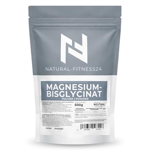Natural-Fitness24 Magnesium Bisglycinat Pulver 500g – Hochdosiert mit 200mg elementarem Magnesium pro Portion – Ohne Zusatzstoffe, Aromen & Süßstoffe
