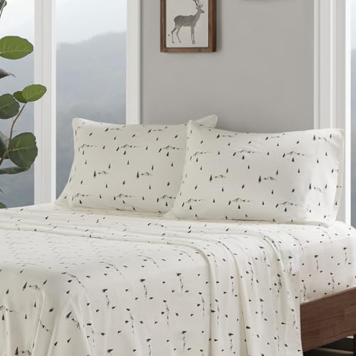 Image of Woolrich Cotton Sheet Set Cottage Charms Print, 100% Cotton Flannel Sheets Warm & Fuzzy Bedding Set Cal King Size Sheets, Fitted Pocket Fits Up to 14 inch Mattress, Cal King Black Pine Trees 4 Piece