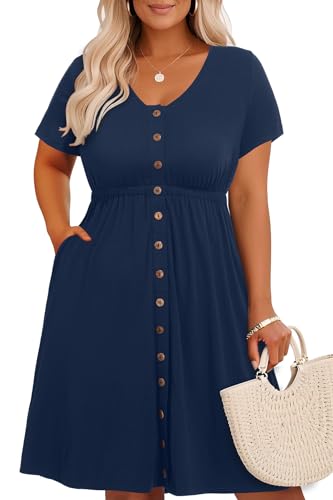 Image of Holipick Women's Plus Size Summer Dresses for Women Casual Dress with Pockets A-Line Swing Button Down Sleeveless V Neck