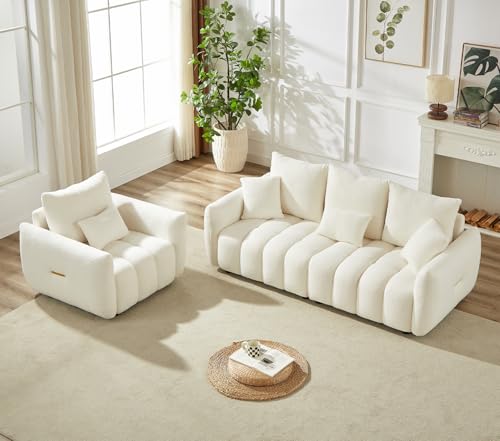 Image of Antetek Set of 3 Teddy Fabric Sofa for Living Room, Modern 2 Units Deep Seat Sofa Chairs and an Oversized 3-Seater Cloud Boucle Couch for Bedroom, Office, Apartment, Furniture Set, Beige (3 Pieces)