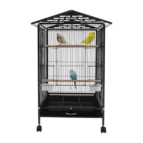 Vogelkäfig Wellensittich, 2 Türen Vogelvoliere Innen, Voliere Metall Transporträder, Öffnung Nach Oben Vogel käfig, käfig mit 3 Sitzstangen, Futternapf, Tablett, 46x46x86cm (Schwarz)