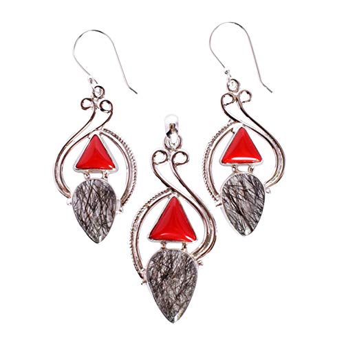 Juego de joyas de coral rojo y rutilo negro de plata para mujer