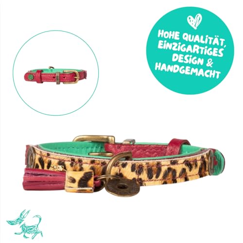 Dog with a Mission - Hundehalsband XS | Leopard, Türkis, Braun | Boho, Ethno, Urban, Hippie | Ideal für kleine Hunde | Handgemacht, Bunt und Modisch Design, Luxe | 2 cm Breit
