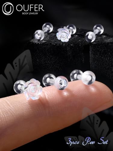 OUFER 3PCS Clear Piercing Retainers for Surgery, Bioflex Helix Piercing Jewelry Retainer, Tragus Cartilage Plastic Piercing Jewelry for Work3