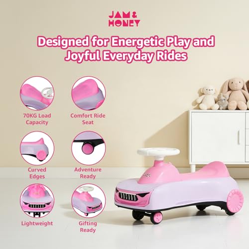 Image of Amazon Brand - Jam & Honey Ride-On Swing Car for Kids 12+ Months| Premium Design with Stable Overhang Base | PU Wheels | Supports up to 100 kg | Indoor & Outdoor - Pink
