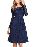 Minetom Kleider Damen Spitze Langarm Party Club Knielang Slim Brautkleid Cocktail Ballkleid Schulterfrei Brautjungfernkleider Abendkleider Marine 42