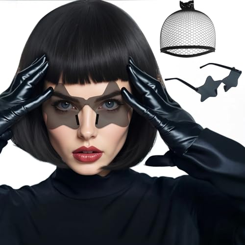 Image of ANOGOL Black Bob Wig with Bangs Short Black Wigs for Women Funny Costume | Hair Cap+ Sunglasses Short Neon Wig for Bachelorette Party Funny Wigs for Women Halloween Costume Night Club Crazy Hair Day