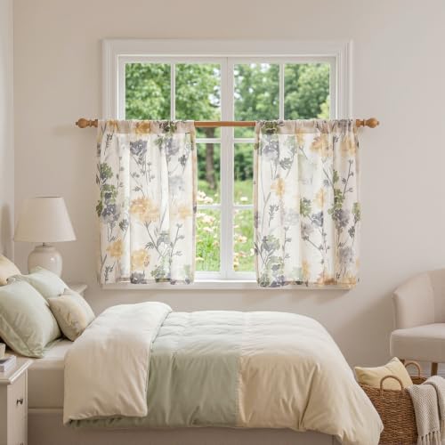 Image of MYSKY HOME Floral Linen Kitchen Tier Cafe Curtains 24 Inch Length 2 Panels Farmhouse Semi Sheer Privacy Small Window Treatments Rod Pocket for Bathroom Basement, Sage Green, 30 inch Wide