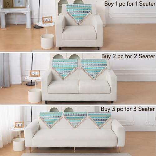 Image of HOKIPO 'Artisan Boho Series' Sofa Backrest Cover with Tassel | 450 GSM Thick Cotton Acrylic Jacquard Fabric Backrest Mat, Size 55x80 cm, Aqua Blue (IN-900-A4)