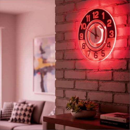 Image of 12 Inch Acrylic Modern Neon Wall Clock with LED Backlight | Night Lamp Neon Clock with Clear Visible Numbers for Home,Bedroom,Office Decor | Light Off Show Black Numbers New (Red)