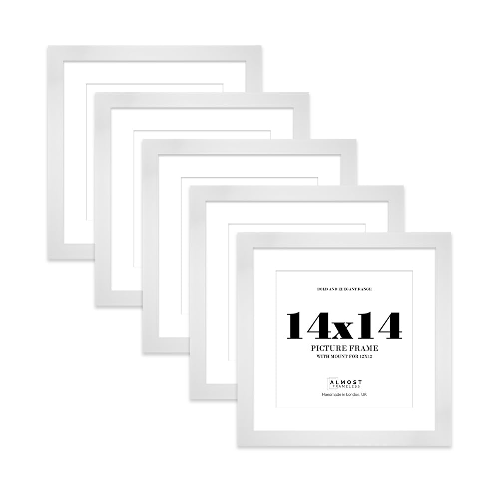 14x14" White Square Frame With Mount for 12x12" Pictures 28mm Edge Frame Display with Wall Hooks, 5 Pack