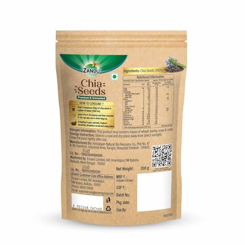 Image of Zandu Chia Seeds- 200GM (Pack of 2) I Premium & Raw Seeds I Rich in Omega-3 Fatty Acids I Helps in Weight Management I Rich in Dietary Fiber I Rich in Protein I Resealable Pack