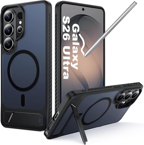 Image of Elzzi Magnetic Magsafe for Samsung Galaxy S26 Ultra Ultra Case [Compatible with MagSafe][Full Camera Protection][Built-in Invisible Kickstand] Translucent Matte Phone Back Cover - Black