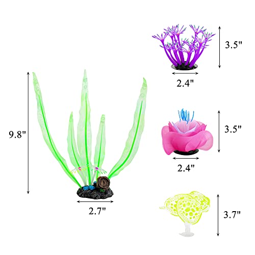 Image of Lpraer 4 Pack Glow Aquarium Decorations Coral Kelp Anemone Lotus Coral Simulation Glow Plant Glowing Effect Silicone for Fish Tank Decorations