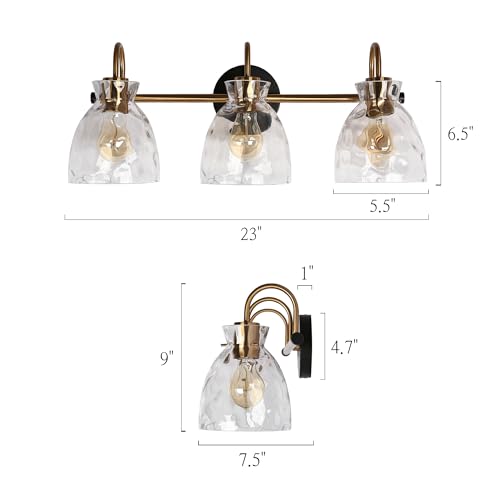 Image of KSANA Modern Bathroom Light Fixtures, Vintage 3 Light Vanity Lights Over Mirror Black and Electroplated Brass Bathroom Vanity Light with Water Ripple Glass, 23 inch W