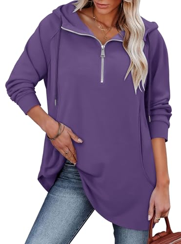 onlypuff Women Hoodie Pullover Trendy Quarter Zipper Lapel Sweatshirts Drawstring Cute Hooded Tunic Tops with Side Pockets