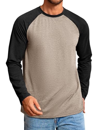 Runcati Mens Baseball Shirt Casual Raglan Long Sleeve Crewneck Graphic T-Shirt Lightweight Vintage Tops Khaki