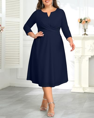 Image of Plus Size Wedding Guest Dress - Church Midi Fall Semi Formal 3 /4 Sleeve V Neck A-line Dress for Women 2025
