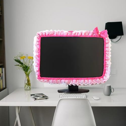 Image of Computer Monitor Cover with Lovely Cute Elastic Pen Pocket Bow-knot TV LCD Screen Monitor Decoration Dust Cover Protector, lace fabric (17''-22''，Red)