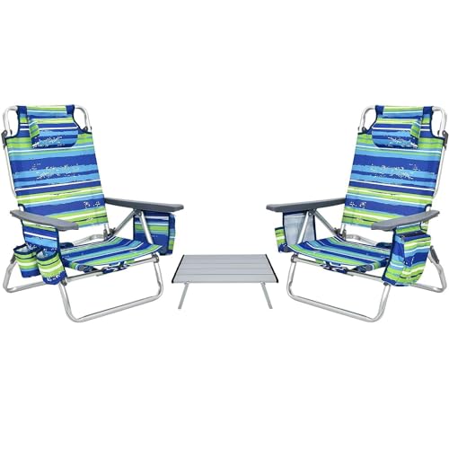 COSTWAY Backpack Beach Chairs Set, 3-Piece Portable Camping Chairs with Cup Holder, Ice Bag, 5-Position Outdoor Reclining Chairs for Adults, Travel, Sunbathing, Support 300 LBS,Blue & Green