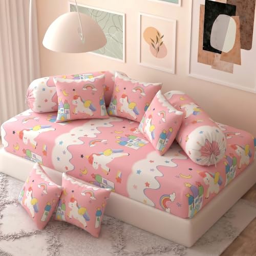 Image of Filymore Pink Star Unicorn Kids Fitted Diwan Set 8 Pieces - Microfiber Diwan Bedsheet Set with 5 Cushion Covers & 2 Bolster Covers | Soft Unicorn Print Diwan Cover Set for Girls Room