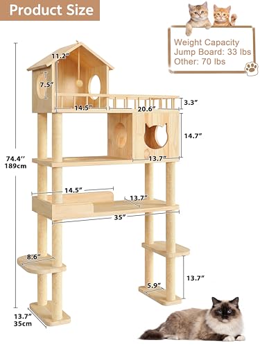 Torre para gatos de madera, 5 niveles, 74.4 pulgadas miniatura 2