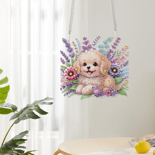 Image of AiYuanzsh 5D Diamond Painting Hanging Pendant Kit with Chain, Cute Dog DIY Crystal Rhinestone Diamond Art Suncatcher Ornament for Window, Door, Wall, Home Decor Gift (25.2x23.8 cm)