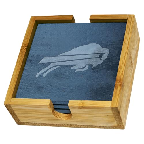 The Memory Company Officially Licensed 4-Pack Team Logo Slate Coaster Set with Wooden Holder, Buffalo Bills