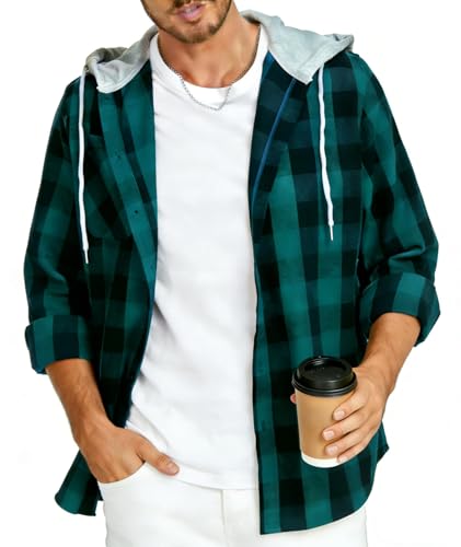 JACKETOWN Men's Plaid Shirts Men's Hoodie Mens Checked Shirt Long Sleeve Shirt with Pocket Button Down Jacket Flannel Shirt Regular Fit 4 Seasons Lumberjack Shirts Green