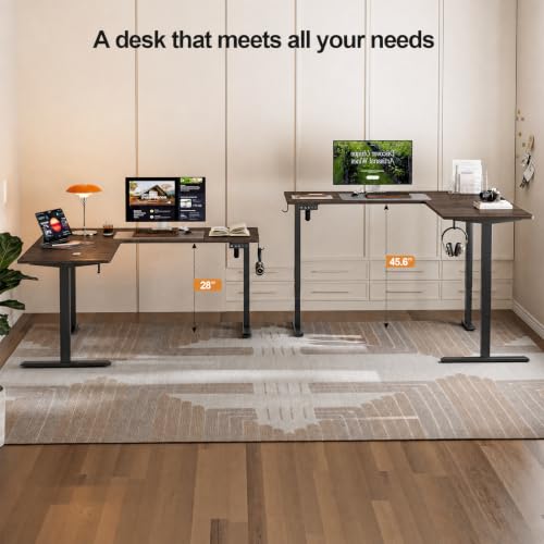 Image of Grandder 63 x 55 Inch L Shaped Standing Desk, Electric Height Adjustable Corner Stand Up Desk, Sit Stand Corner Table Home Office Table, Walnut Top Black Frame