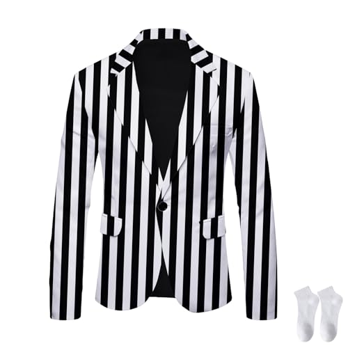2023 Men's Black and White Striped Blazer, Casual British Slim Fit Suit Pinstripe Suits Jacket